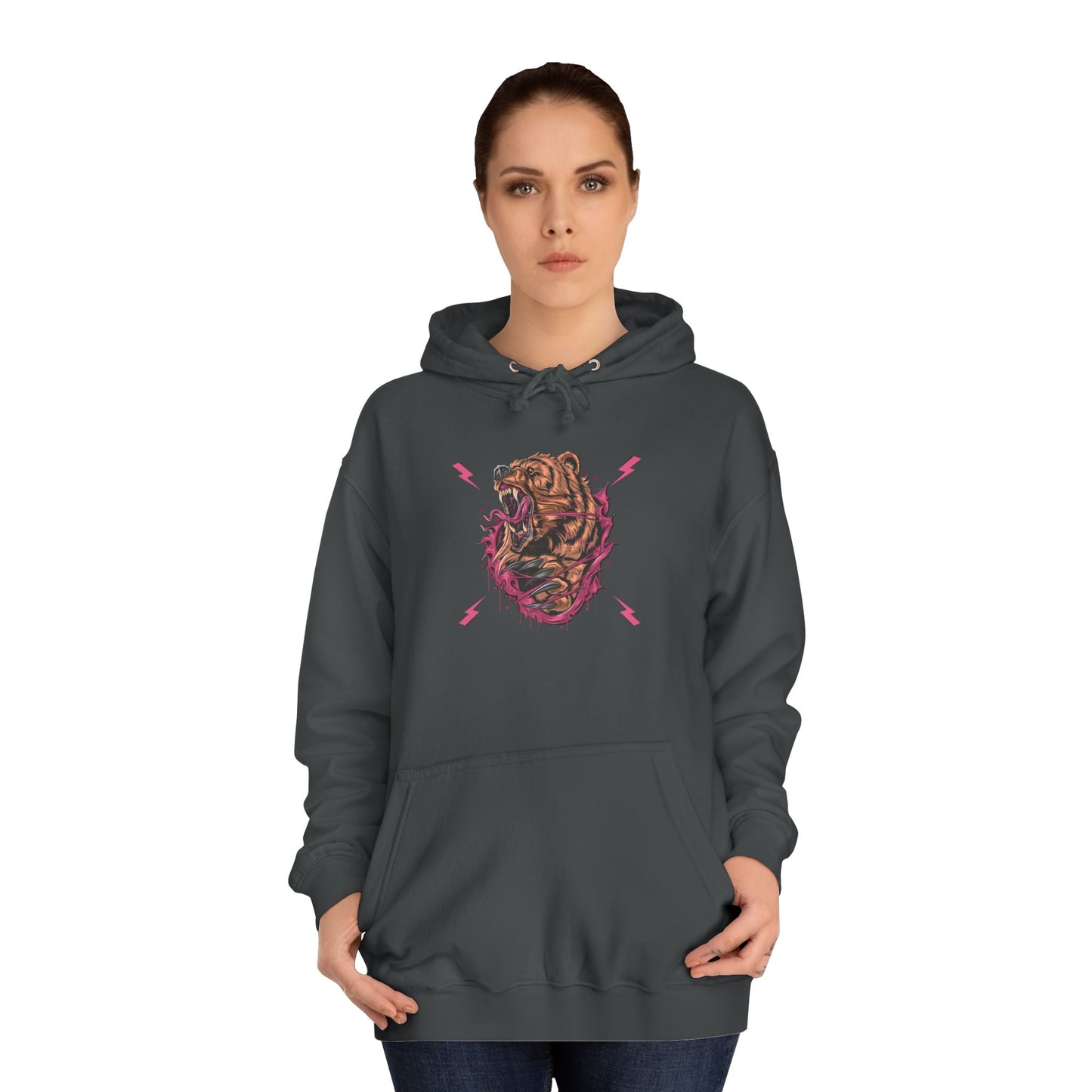 Unisex College Hoodie with Roaring Bear Design - Perfect for Students and Nature Lovers