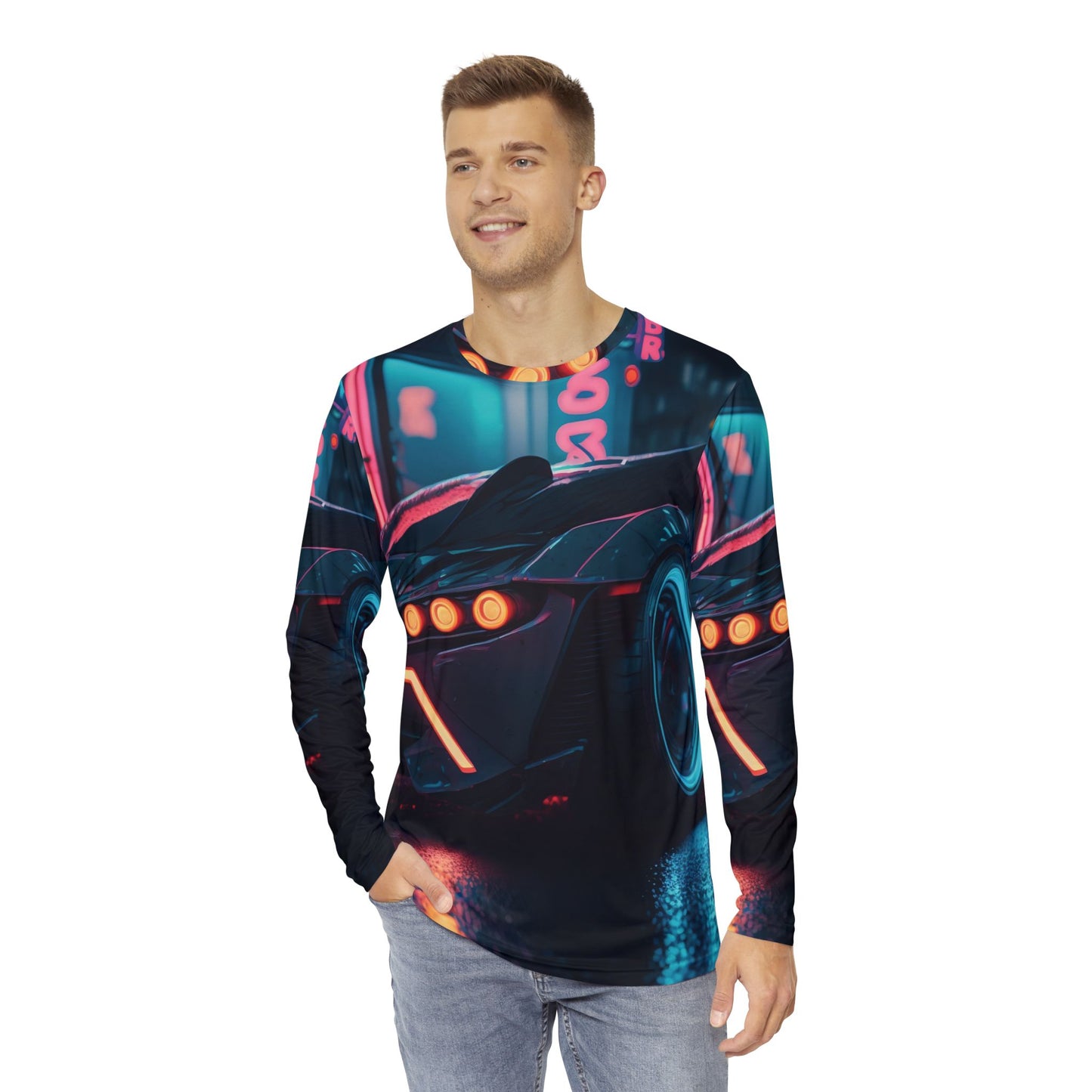 Neon Sports Car Shirt, Men's Long Sleeve Shirt, All Over Print