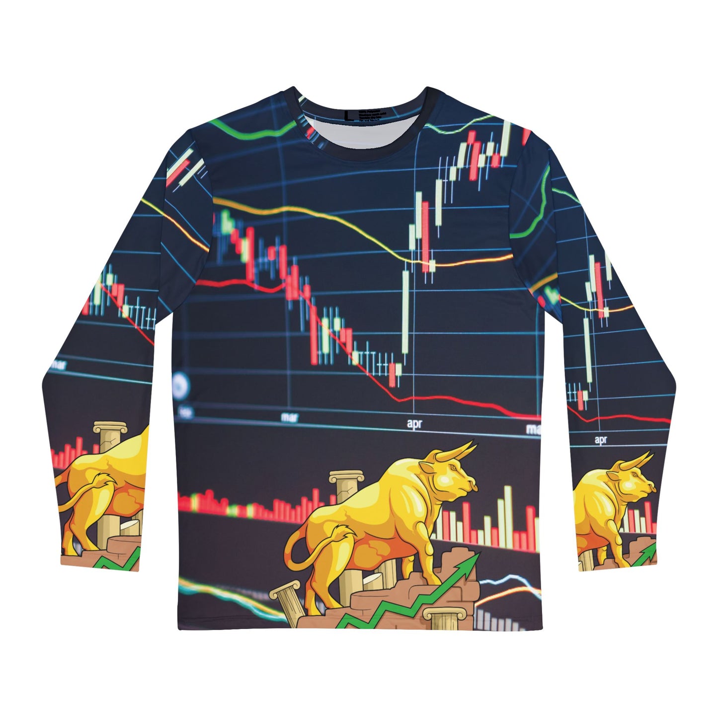 Bull Stock Market Men's Long Sleeve Shirt, All Over Print, Stock Chart Long Sleeve Shirt