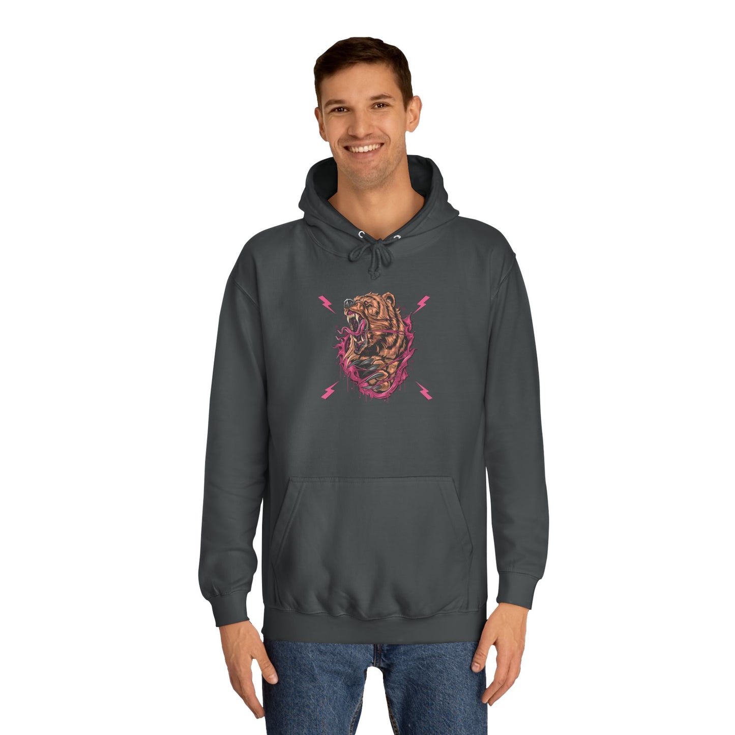 Unisex College Hoodie with Roaring Bear Design - Perfect for Students and Nature Lovers