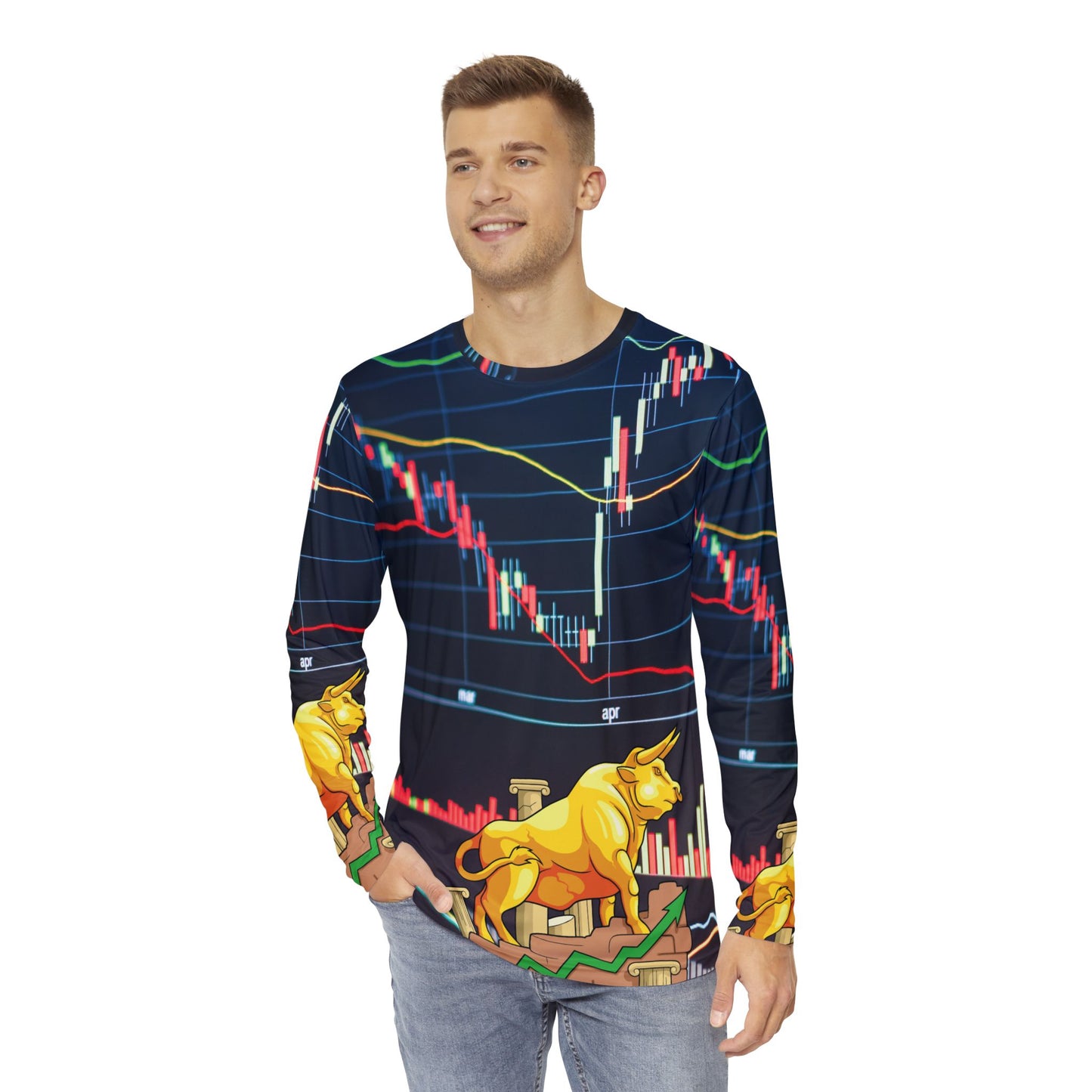 Bull Stock Market Men's Long Sleeve Shirt, All Over Print, Stock Chart Long Sleeve Shirt