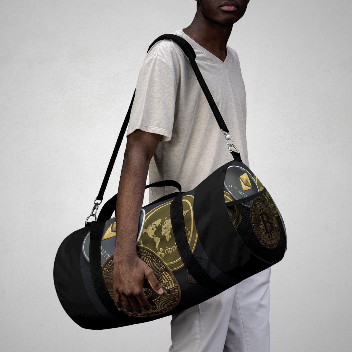Cryptocurrency Duffel Bag with Bitcoin Design