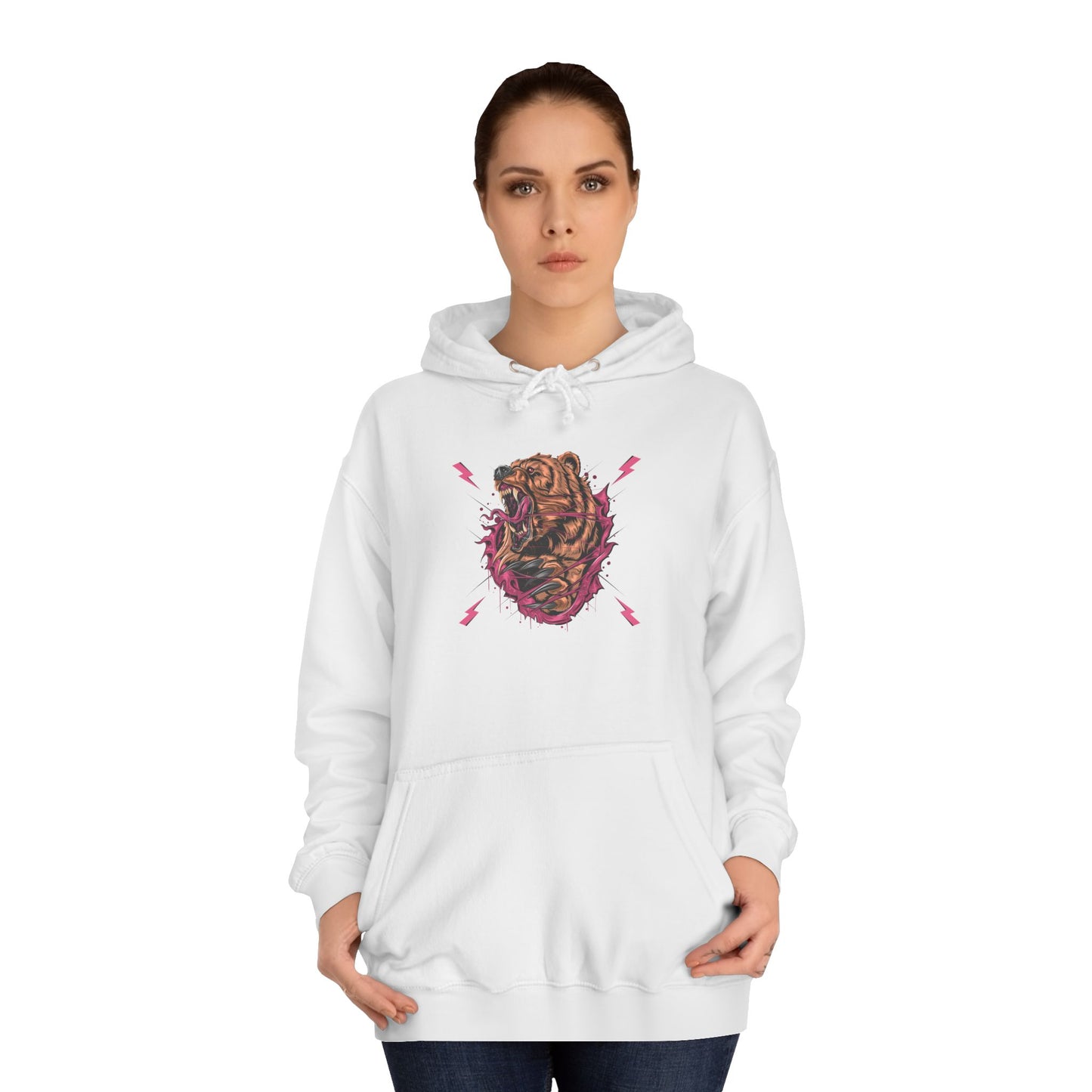 Unisex College Hoodie with Roaring Bear Design - Perfect for Students and Nature Lovers