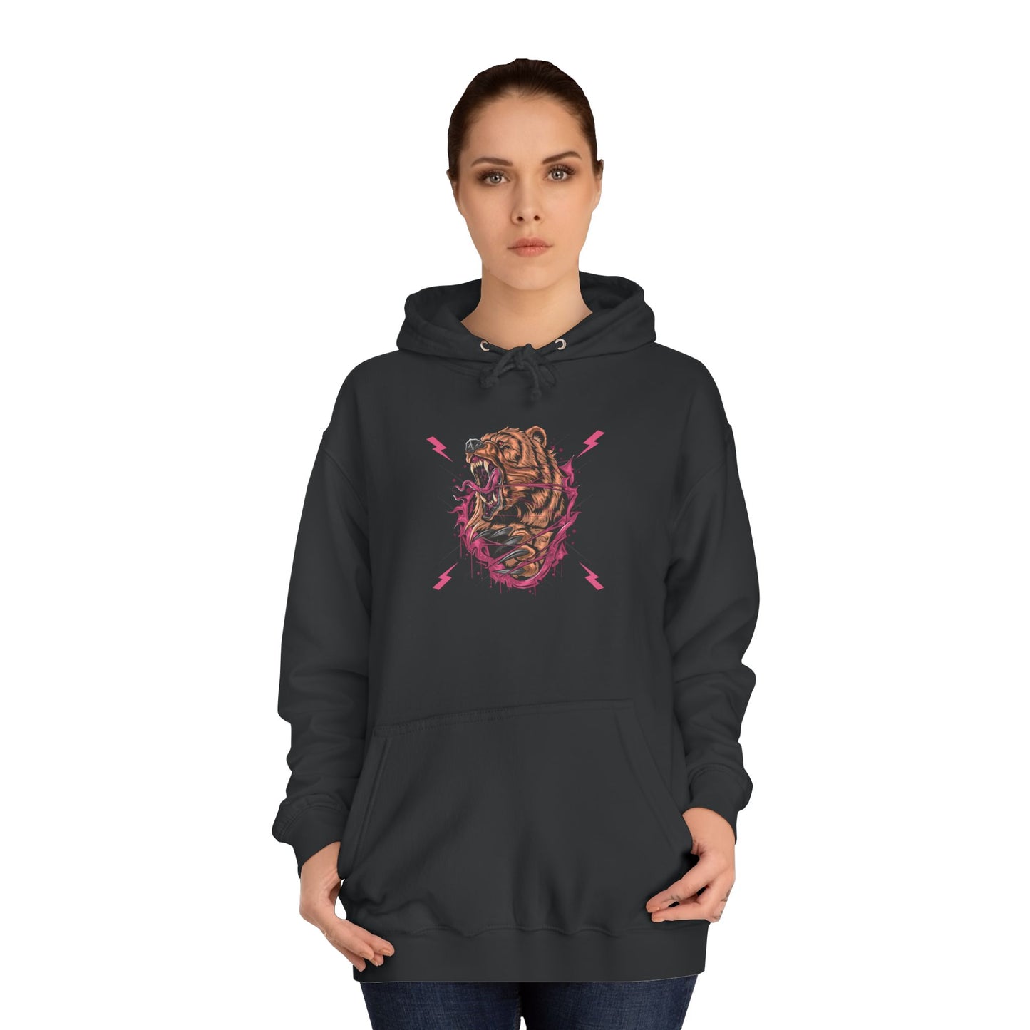 Unisex College Hoodie with Roaring Bear Design - Perfect for Students and Nature Lovers