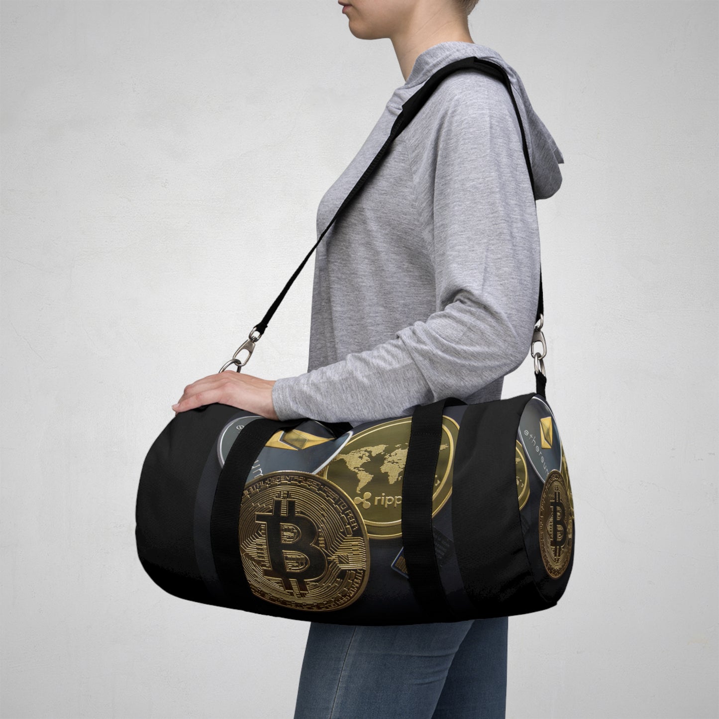 Cryptocurrency Duffel Bag with Bitcoin Design