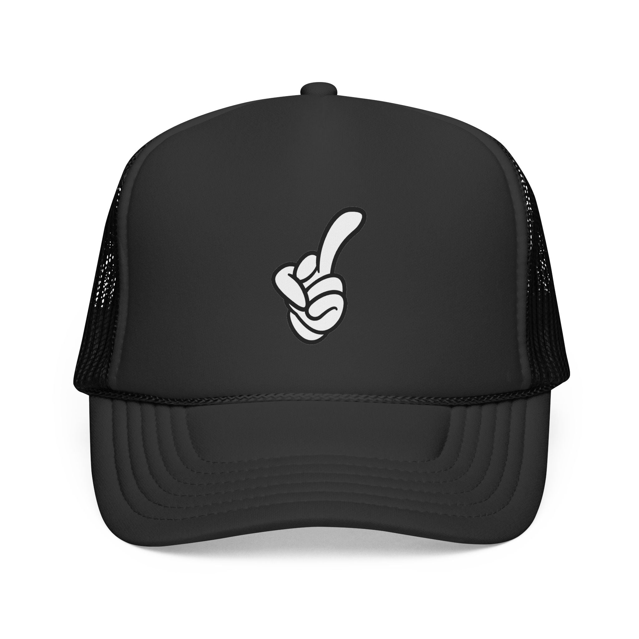 Middle Finger Trucker Cap — Minimal Embroidered Hand Hat