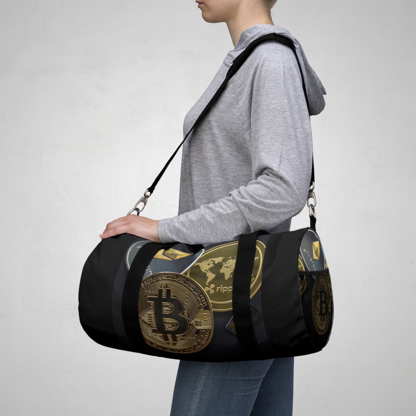 Cryptocurrency Duffel Bag with Bitcoin Design